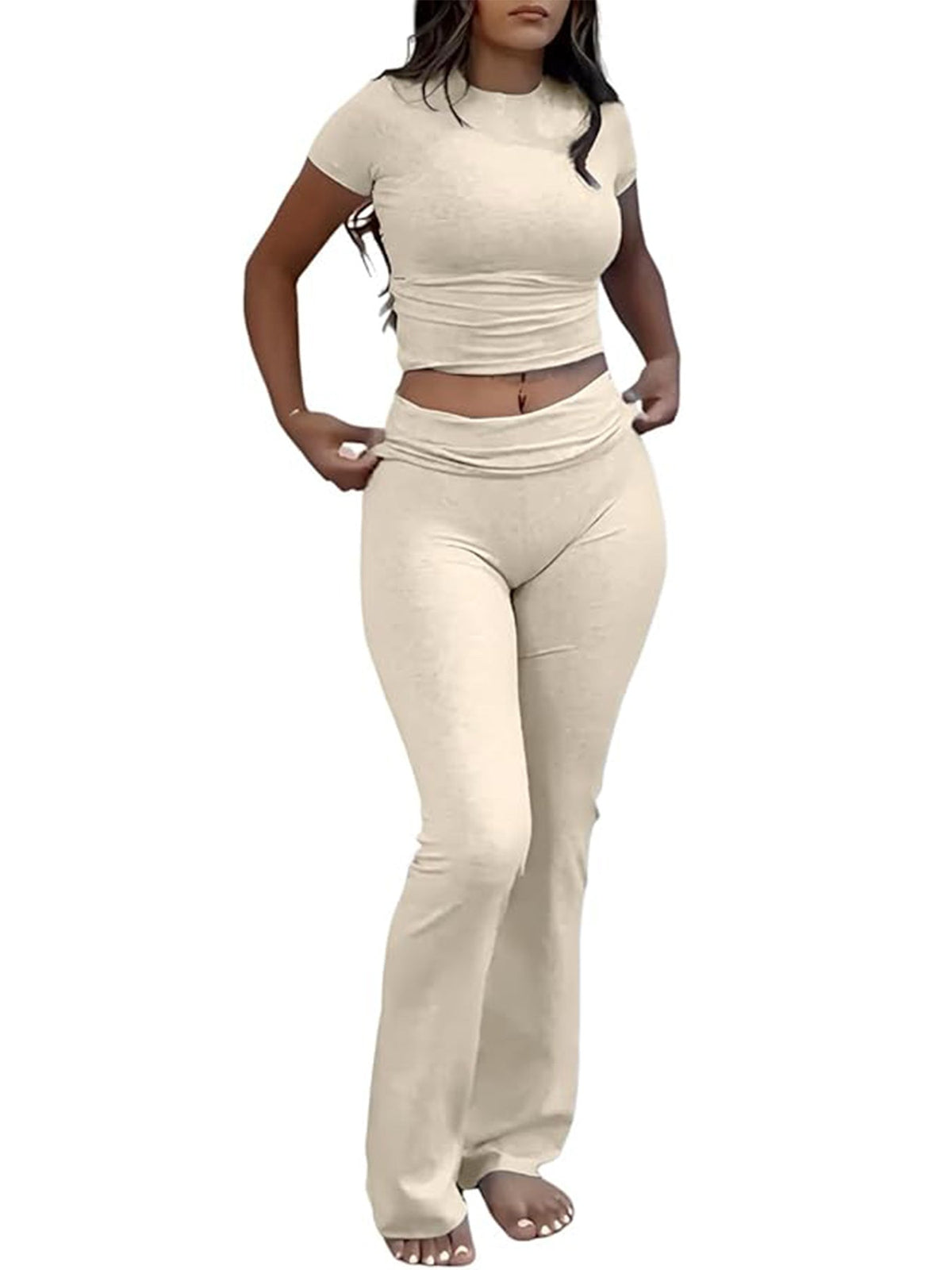 Women's Slim-Fit Tee & Flare Pants Set in Beige - MrBiggz Fitness Shop