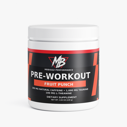 MrBiggz Fruit Punch pre-workout powder in a labeled jar