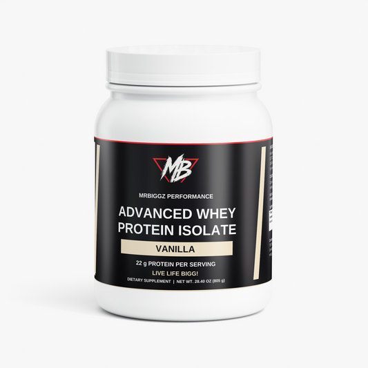 MrBiggz vanilla whey protein isolate powder in a labeled jar