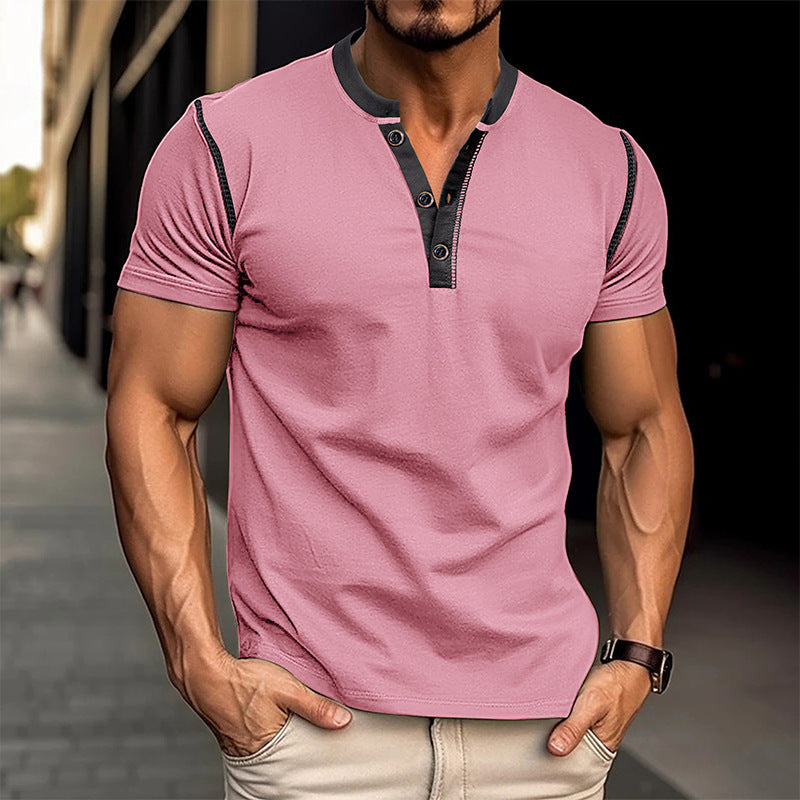 Fashion Short-sleeved Polo Shirt Summer Button V-neck T-shirt Tops Mens Clothing Black Lavender