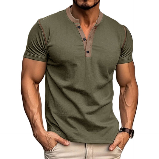 Fashion Short-sleeved Polo Shirt Summer Button V-neck T-shirt Tops Mens Clothing Black Lavender