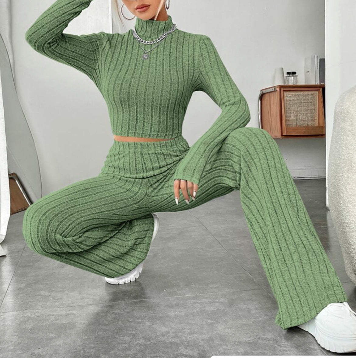 Long Sleeve Turtlenecks Wide Leg High Waist Trousers Suit