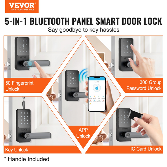 VEVOR Smart Lock, 5-in-1 Smart Door Knob, Fingerprint Deadbolt with App Control, Bluetooth Smart Lock, Keyless Entry Door Lock with Handle, Biometric Door Lock, Keypad Digital Door Lock for Front Door