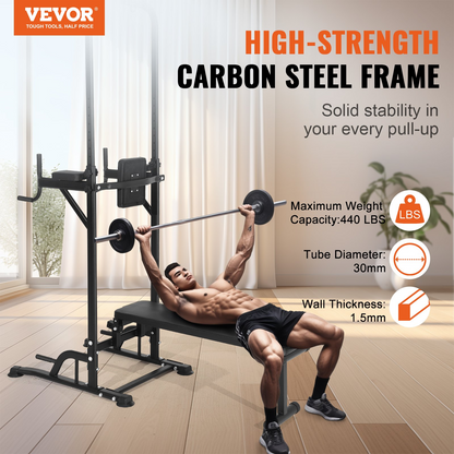 VEVOR Power Tower with Bench - Adjustable Pull Up Bar Stand Dip Station & Detachable Bench - Multi-Function Home Gym Strength Training Fitness Equipment