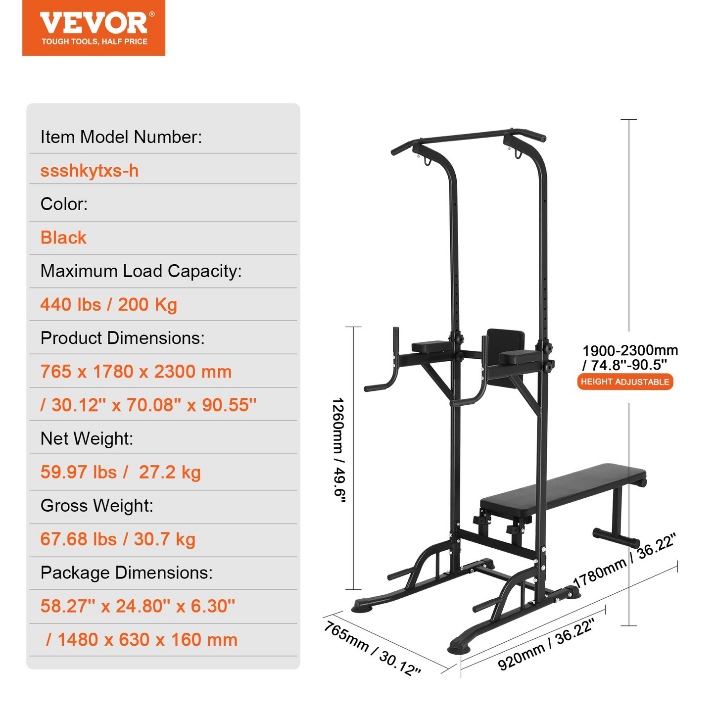 VEVOR Power Tower with Bench - Adjustable Pull Up Bar Stand Dip Station & Detachable Bench - Multi-Function Home Gym Strength Training Fitness Equipment