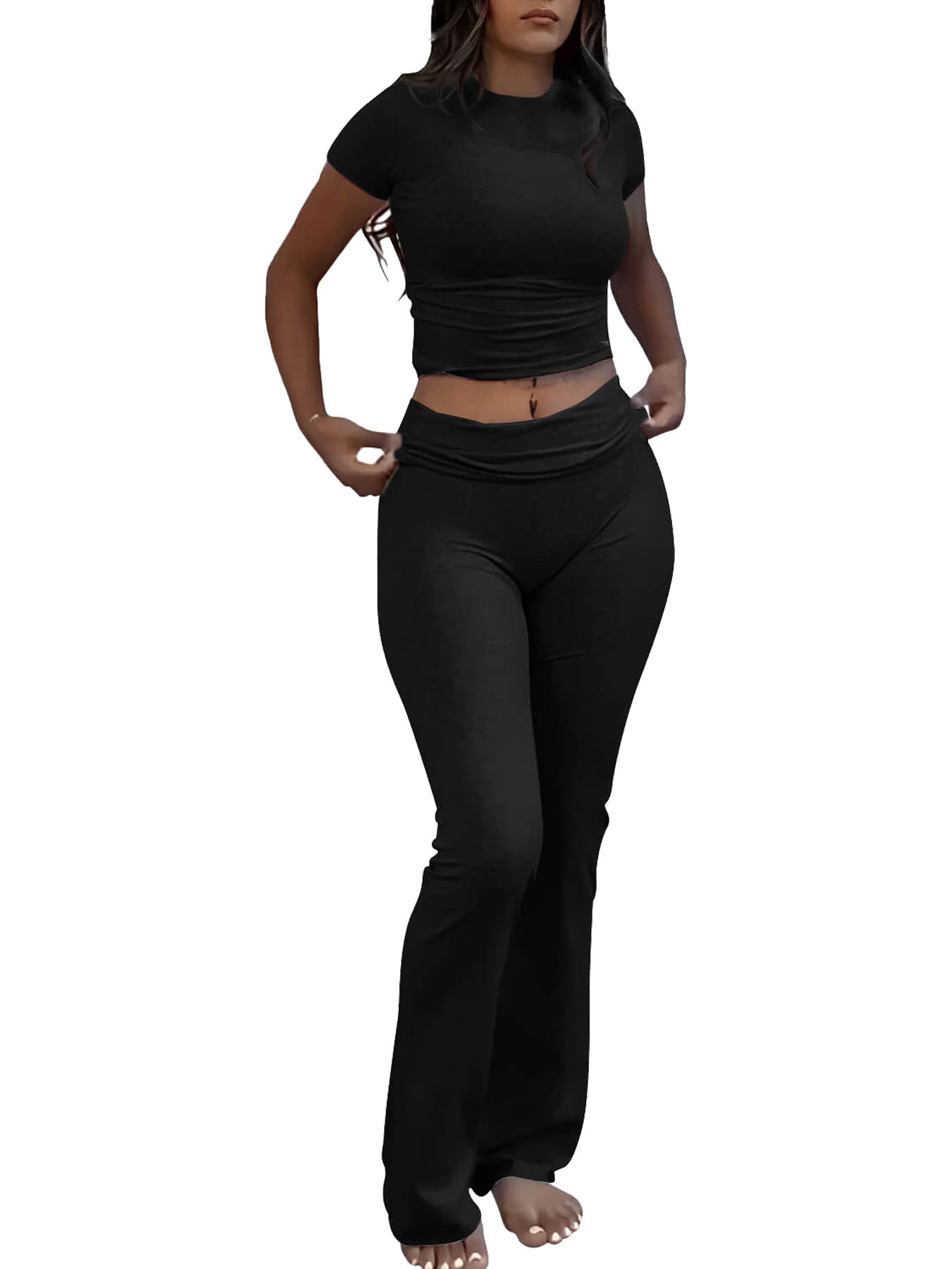 Casual Solid Color Slim Fit Two-piece Pants Set, Short Sleeved Round Neck T-shirt And Tight Flared Pants Sports Pants Clothing, Women's Clothing MrBiggz Shop