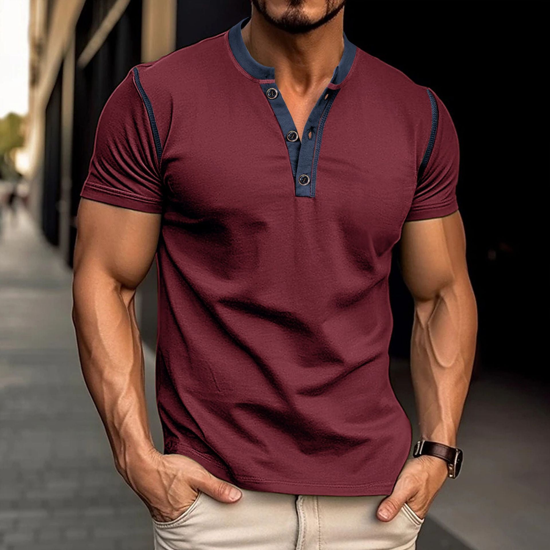 Fashion Short-sleeved Polo Shirt Summer Button V-neck T-shirt Tops Mens Clothing Black Lavender