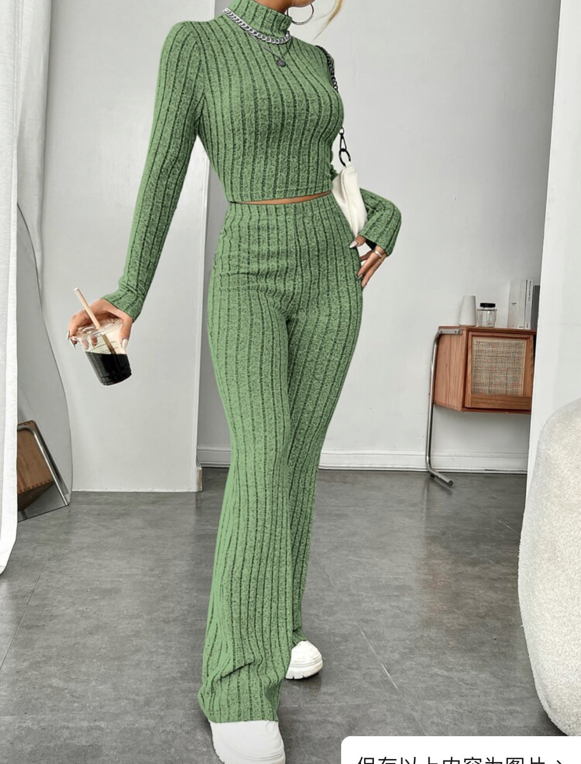 Long Sleeve Turtlenecks Wide Leg High Waist Trousers Suit