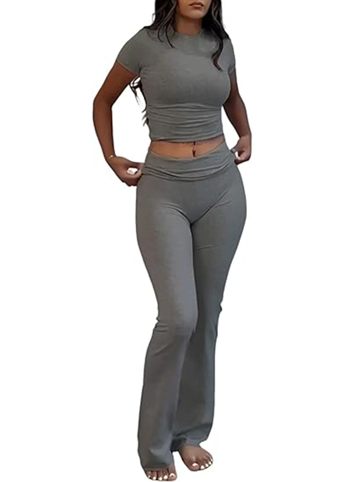 Women's Slim-Fit Tee & Flare Pants Set, view 1 - MrBiggz Fitness Shop
