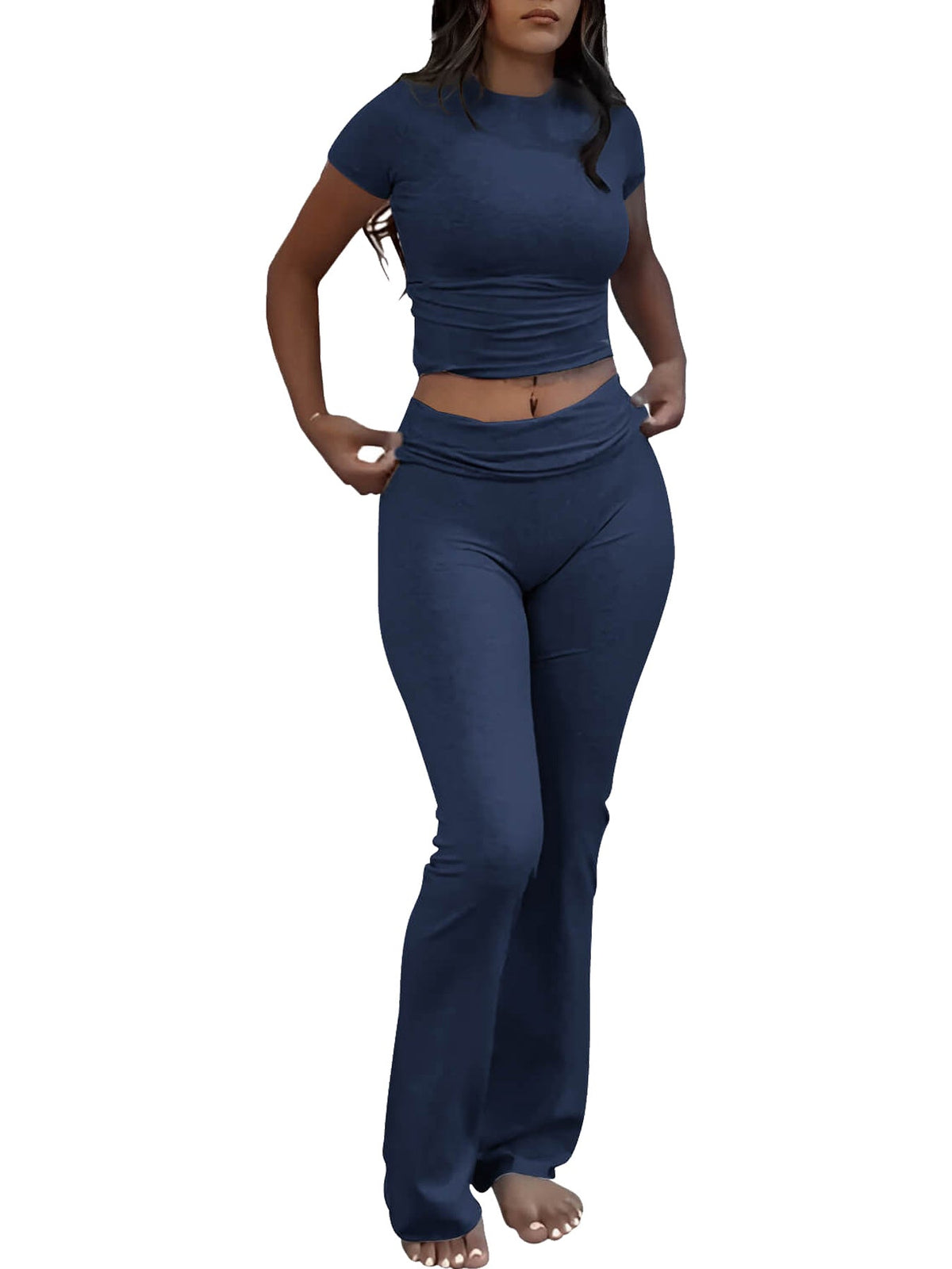 Women's Slim-Fit Tee & Flare Pants Set in Navy Blue - MrBiggz Fitness Shop