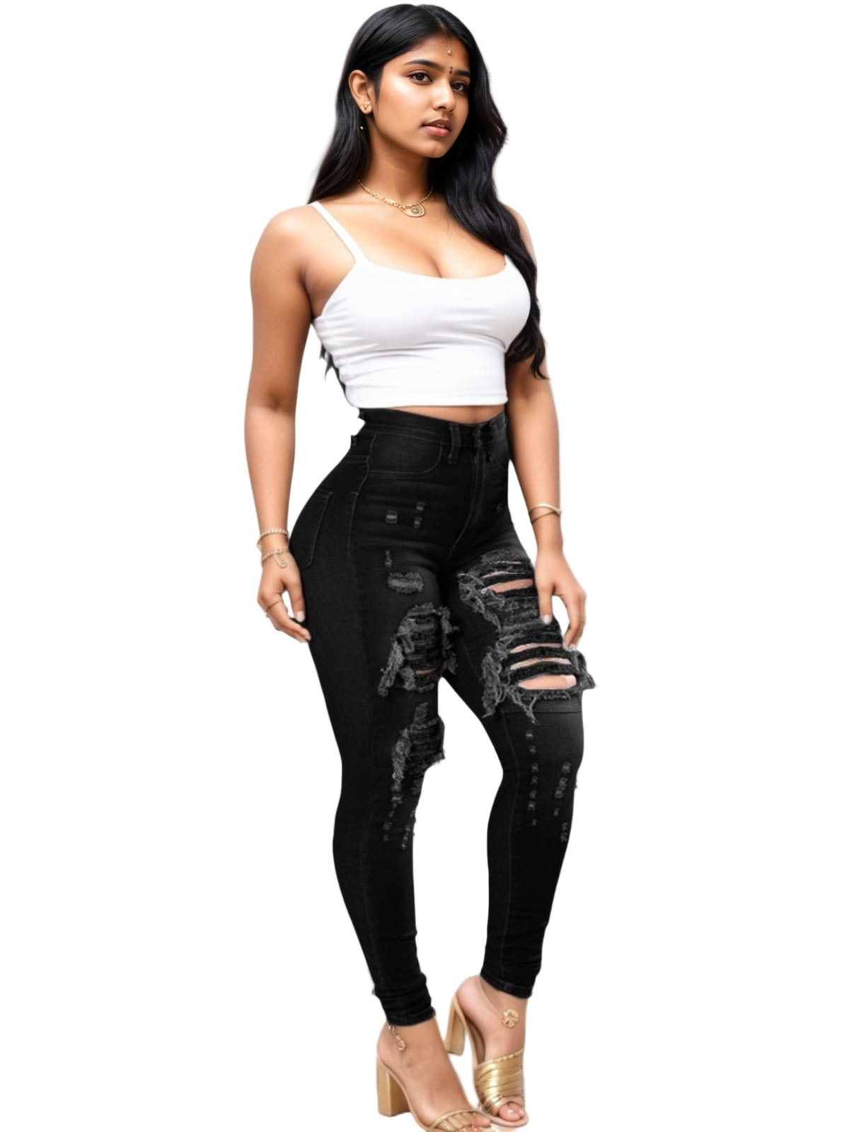 Women's High-Waist Ripped Stretch Jeans, view 1 - MrBiggz Fitness Shop