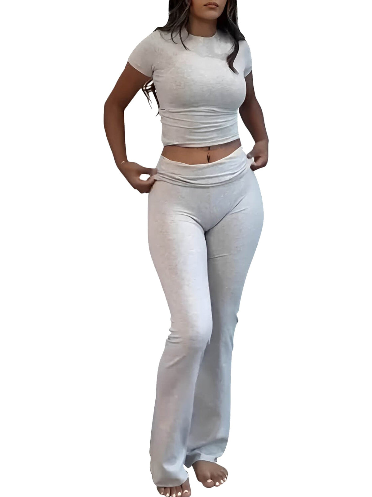 Women's Slim-Fit Tee & Flare Pants Set in Heather Grey - MrBiggz Fitness Shop