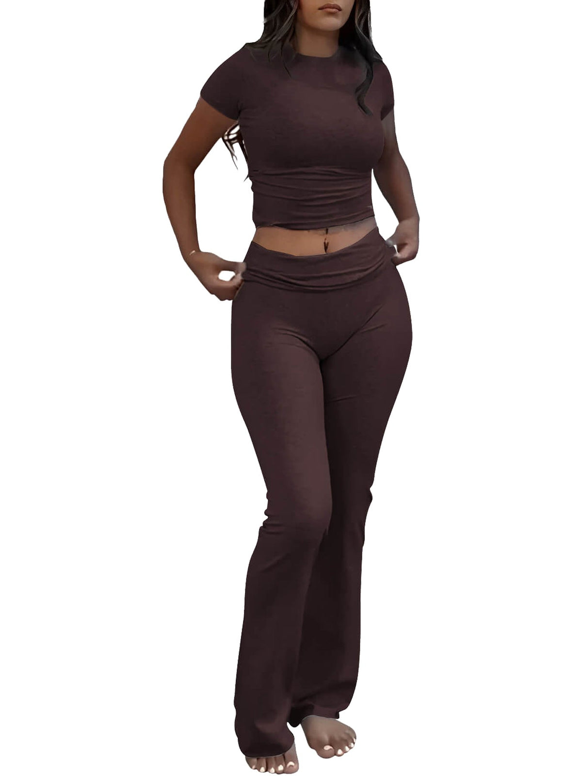Women's Slim-Fit Tee & Flare Pants Set in Coffee - MrBiggz Fitness Shop