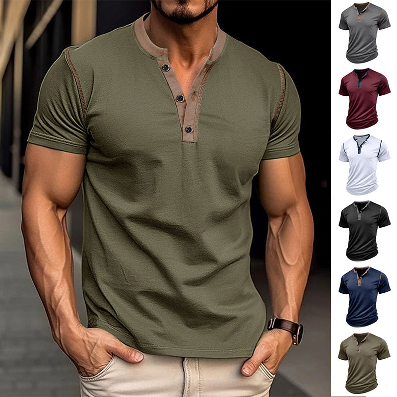 Fashion Short-sleeved Polo Shirt Summer Button V-neck T-shirt Tops Mens Clothing Black Lavender