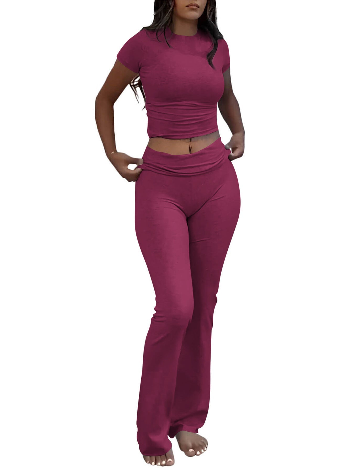 Casual Solid Color Slim Fit Two-piece Pants Set, Short Sleeved Round Neck T-shirt And Tight Flared Pants Sports Pants Clothing, Women's Clothing MrBiggz Shop