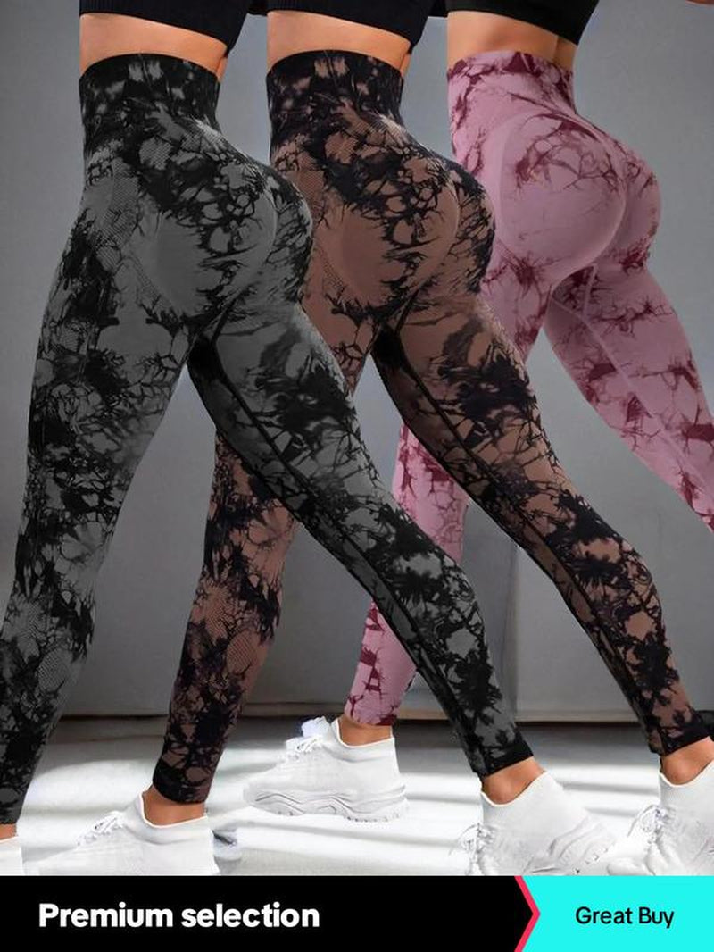 Women'S 3Pcs Tie Dye Print High Waist Sports Leggings, Casual Comfy Breathable Skinny Pants for Yoga Gym Workout Running, Women Sports Bottoms for Fall & Winter, Tummy Control