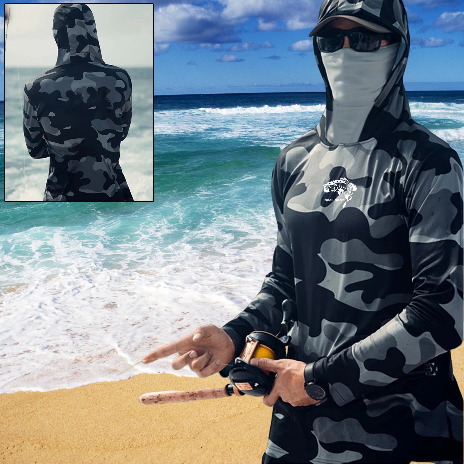 Fishing Hoodie Face Mask Neck Cover Sailing Shirt Summer Men Long Sleeve Sun Protection Hunting Jersey Camisa De Pesca Performance Fish Gear Beach Tops Wear Climbing Uniform MrBiggz Shop