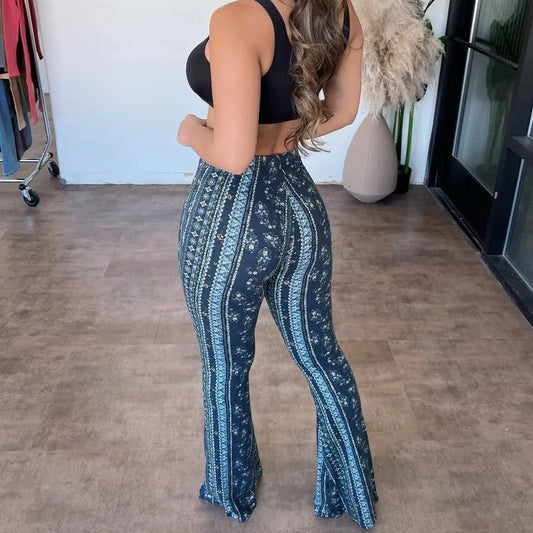 Women's Boho Elastic High Waist Flared Leg Pants