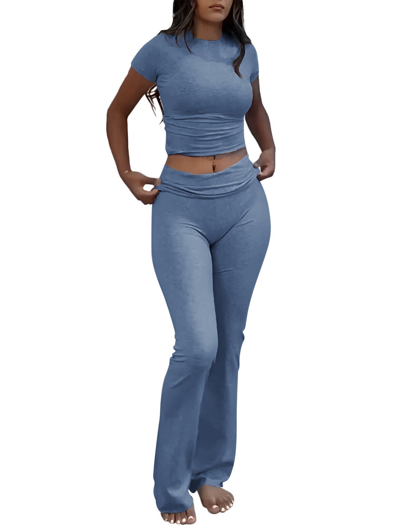 Casual Solid Color Slim Fit Two-piece Pants Set, Short Sleeved Round Neck T-shirt And Tight Flared Pants Sports Pants Clothing, Women's Clothing MrBiggz Shop