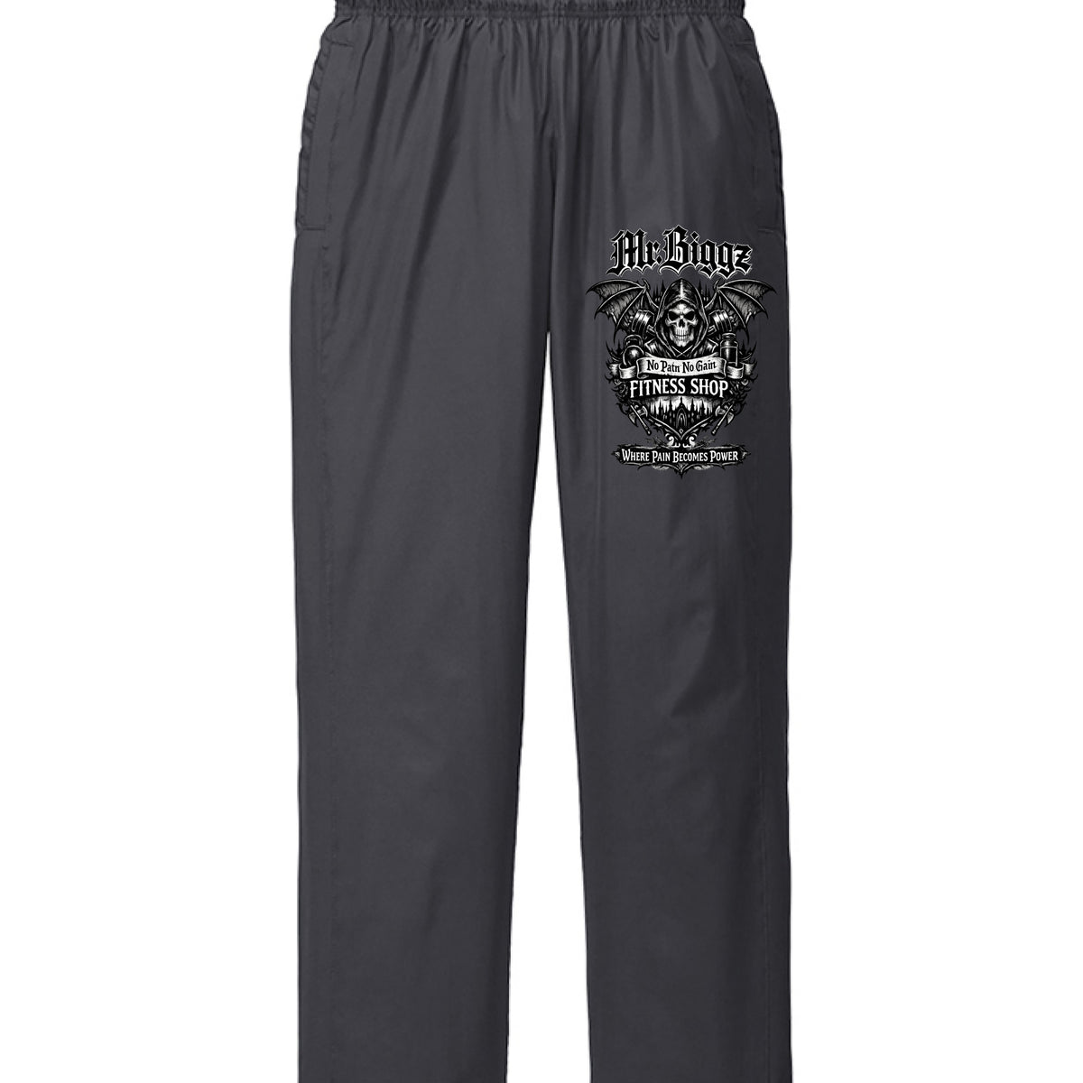 MrBiggz Gothic Logo Wind Pants in Graphite Grey - MrBiggz Fitness Shop