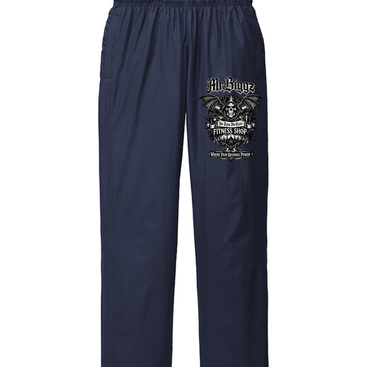 MrBiggz Gothic Logo Wind Pants in True Navy - MrBiggz Fitness Shop